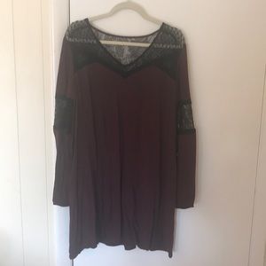 Burgundy long sleeve sheath dress with lace detail